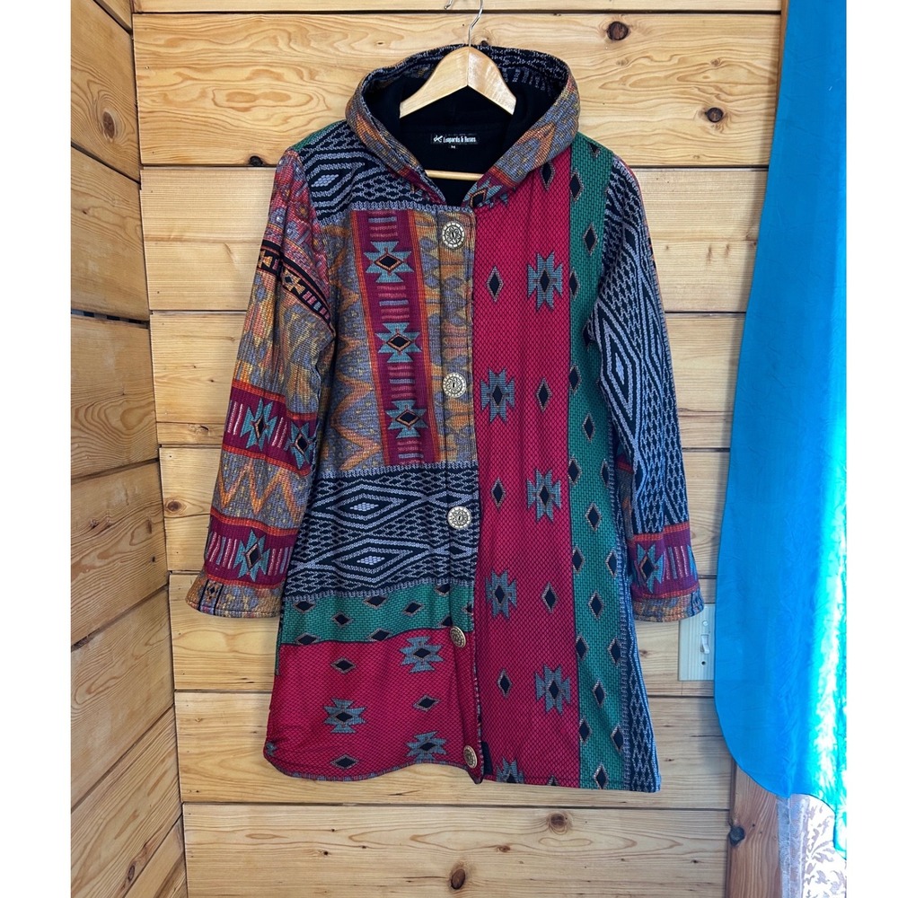 Leopards & Roses Boho Patchwork Hooded‎ Fleece Lined Cotton Jacket Coat Nepal M